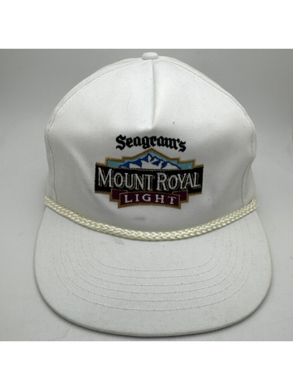 Vintage Seagram's Mount Royal Light Trucker Hat Snapback Cap White Rope OSFA
